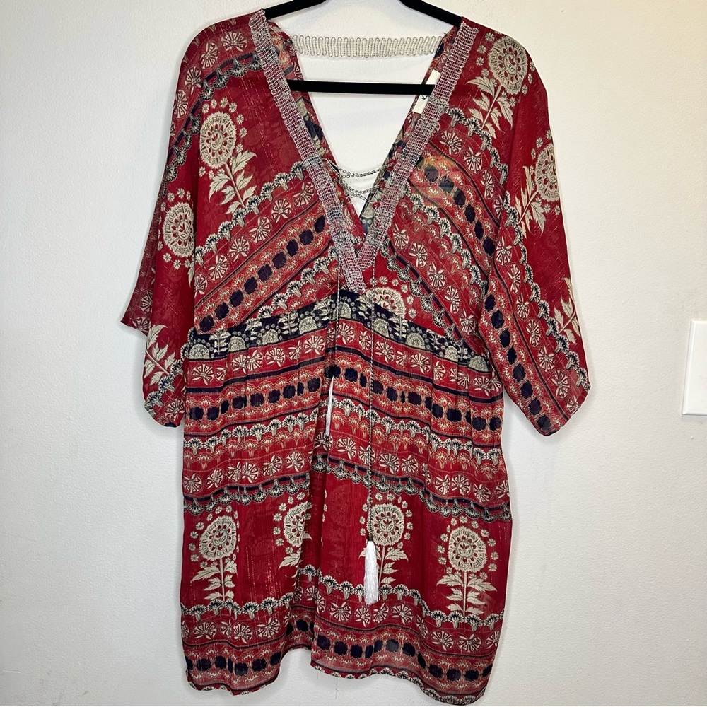 Kye Mi Women Bohemian Tunic Floral Print V- neck Oversized Beachwear Blouse Sz S